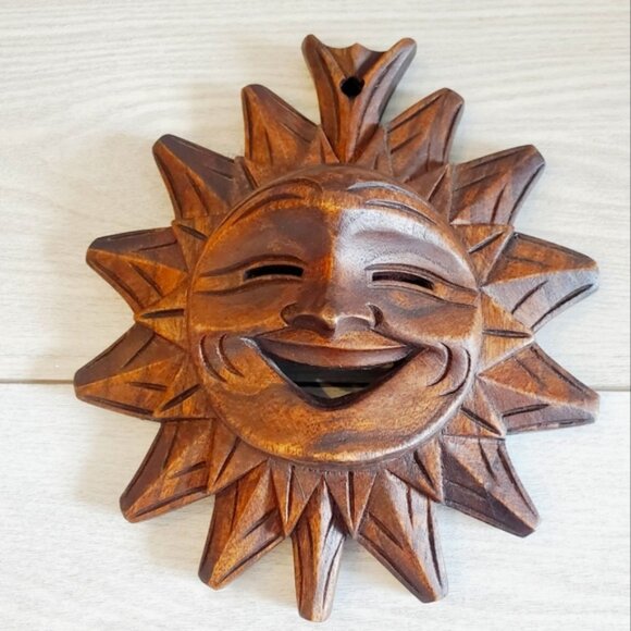 Vintage 3D Sun God Handcrafted Wooden Wall Hanging Aztec Boho - Picture 2 of 5